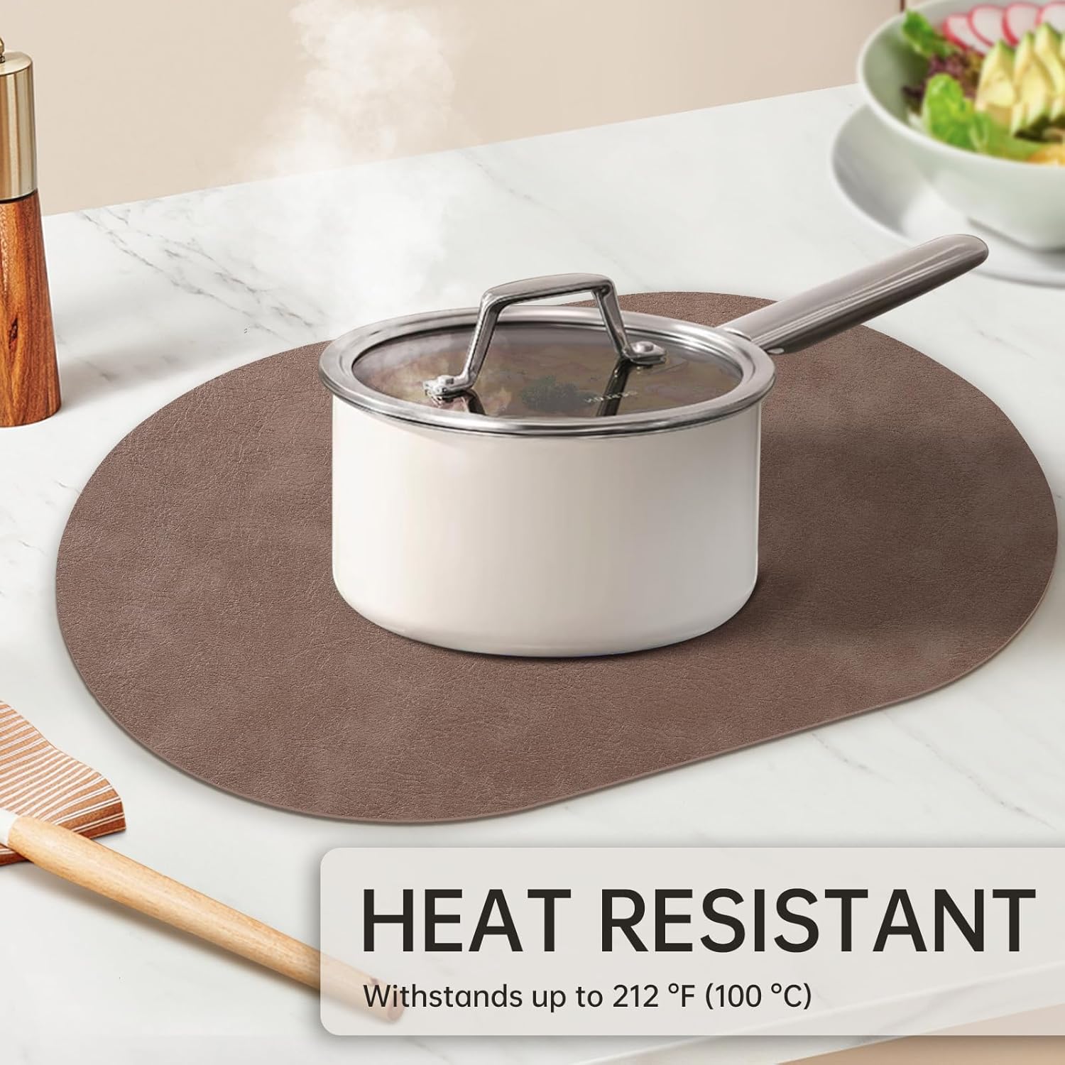 Oval Placemats Set of 6, Faux Leather Place Mats for Dining Table Dual Sided Placemats Heat Resistant Washable Wipeable Table Mats for Indoor Outdoor, Coffee
