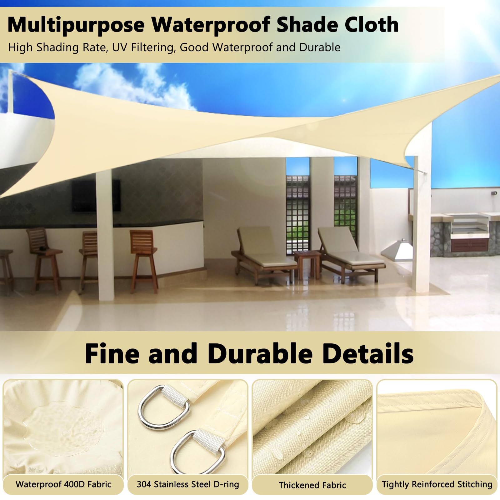 Toldo Vela 3×4m Toldos Exterior Terraza, Toldo Vela Rectangular,Impermeable, Vela Sombra,con Cuerda, para Exteriores, Pergola, Jardín,Terrazas - Beige