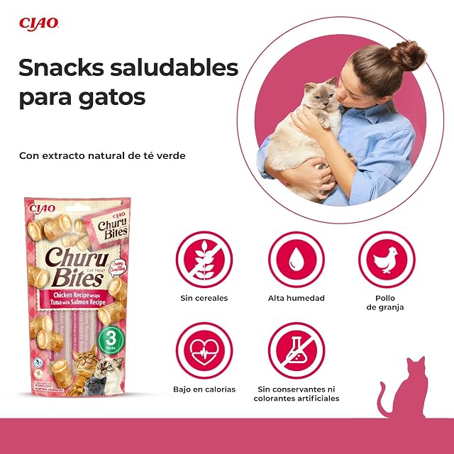 Foto 2 de 7 de INABA Churu Bites Gatos - Snacks de Atún y Salmón - Premios Saludables - Golosinas Crujientes y Cremosas