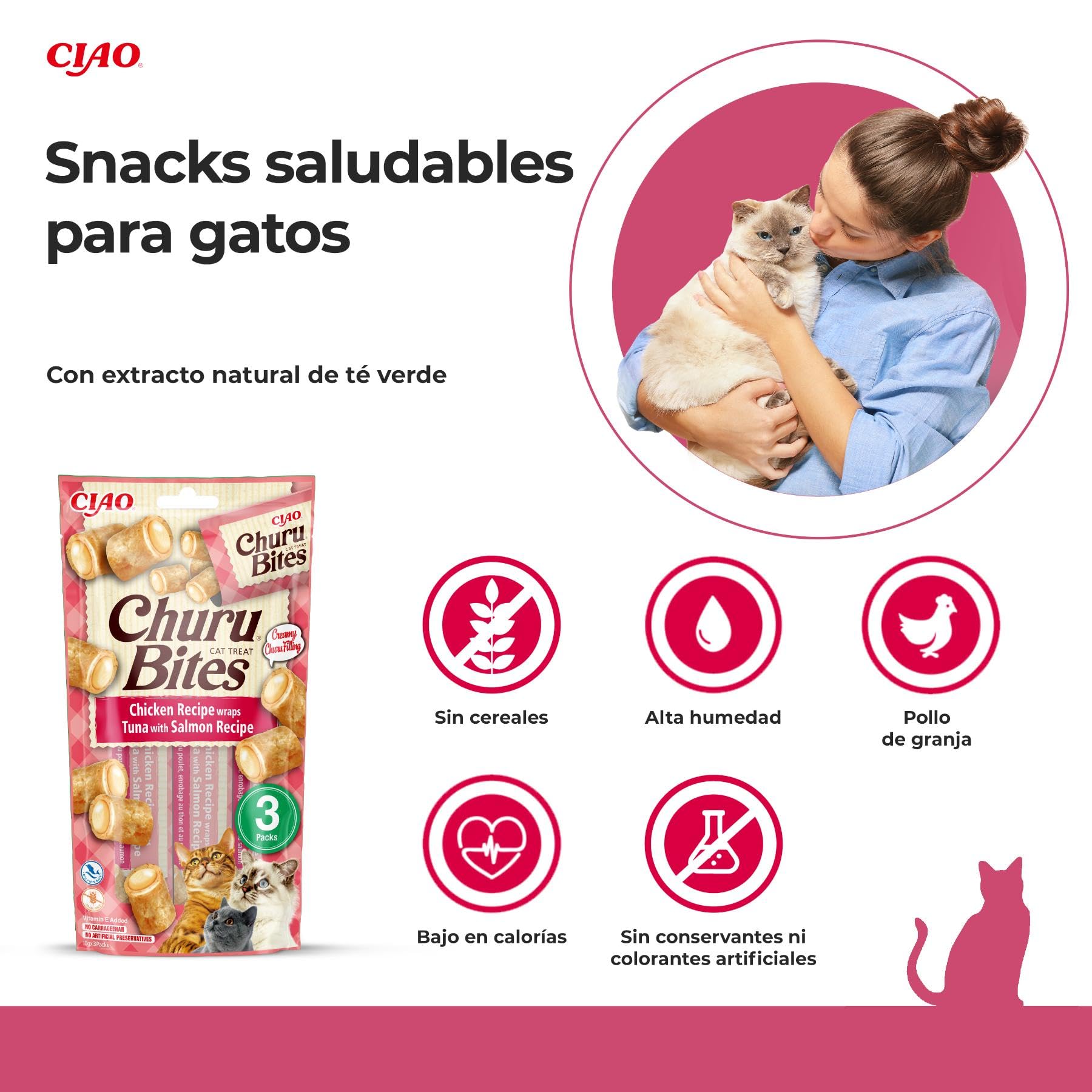 INABA Churu Bites Gatos - Snacks de Atún y Salmón - Premios Saludables - Golosinas Crujientes y Cremosas - Pequeña y Práctica Porción - Sin Conservantes ni Colorantes - 30g (3x10g)
