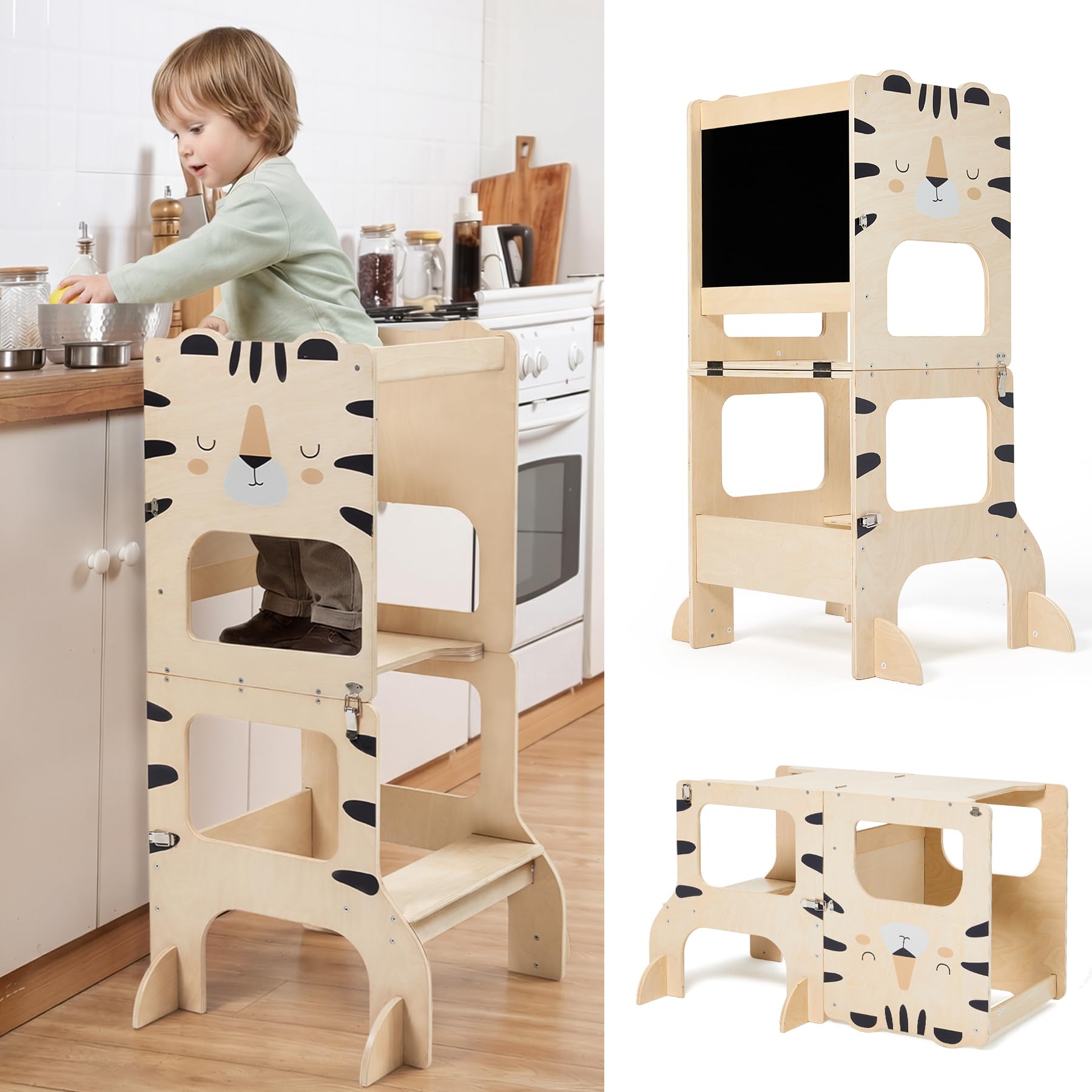 Torre da cucina per bambini, torre di apprendimento in piedi, 2 in 1, sgabello da cucina in legno nero con lavagna Montessori e Waldorf Helper per bambini in cucina