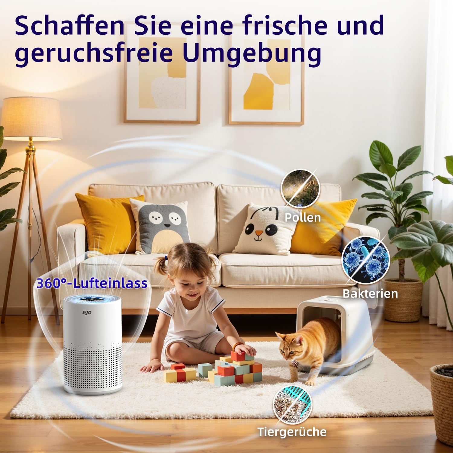 EJD Luftreiniger für Schlafzimmer und Zuhause, leiser H13 HEPA | 3-stufiger Filter, 3 Geschwindigkeiten, 12 dB Schlafmodus gegen Pollen, Staub, Tierhaare, Gerüche