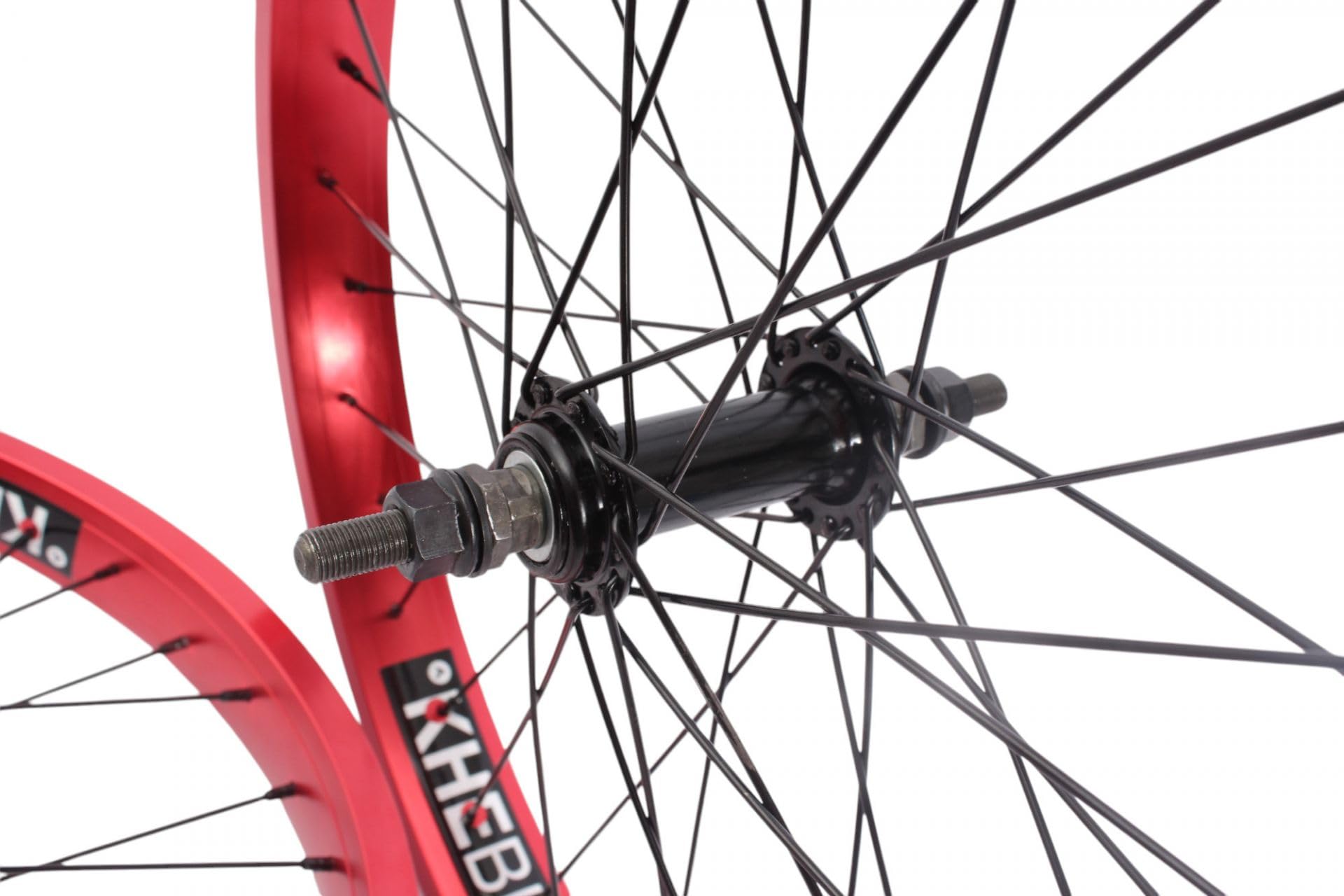 KHE Prism BMX 20 cali zestaw kółek, szerokość 38 mm, aluminium 7005, czerwone anodowane, z zębatką 16T