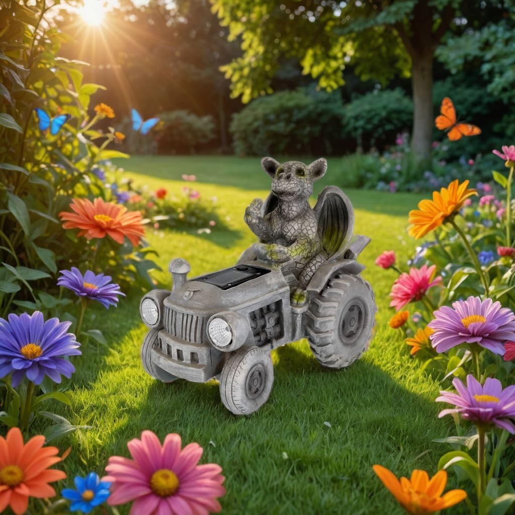 Kremers Schatzkiste Drachenkind auf Traktor mit Solar-Laterne Gartenfigur Drache wetterfest Gartendeko aus Polyresin Solarlicht Scheinwerfer beleuchtet Handbemalt witterungsfest