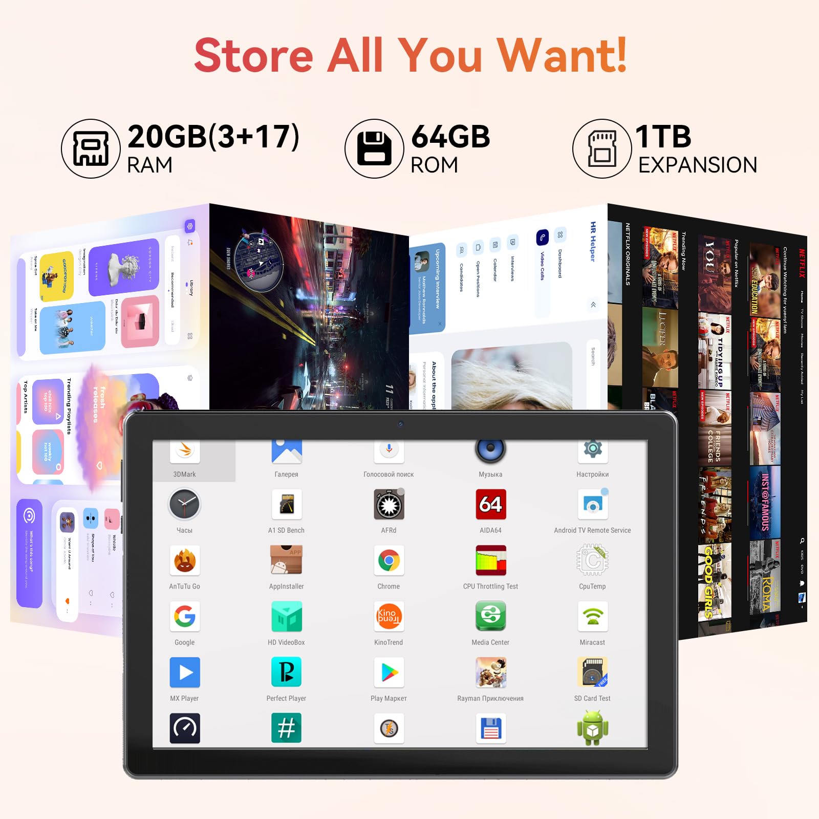 Tablet,10.1" Android Tablet with Octa-core Processor 20GB RAM 64GB ROM HD IPS Touchscreen 8H Battery, Wi-Fi 6, BT 5.0, Dual Camera, Android 15 Tablets 2025