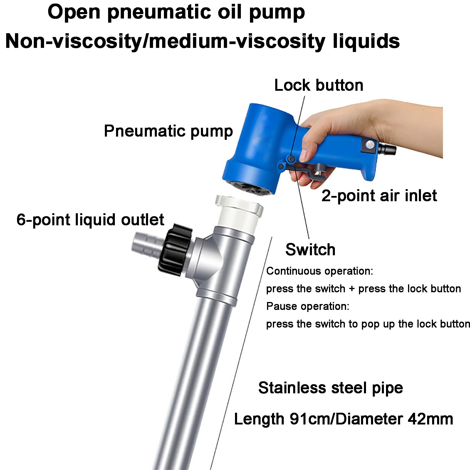 Bomba Neumática para Trasvase De Aceite, Bomba Manual Neumática De Acero Inoxidable para Bidones, Caudal: 60-80 L/min, Longitud del Tubo: 91 Cm/diámetro del Tubo: 42 Mm, para El Transporte
