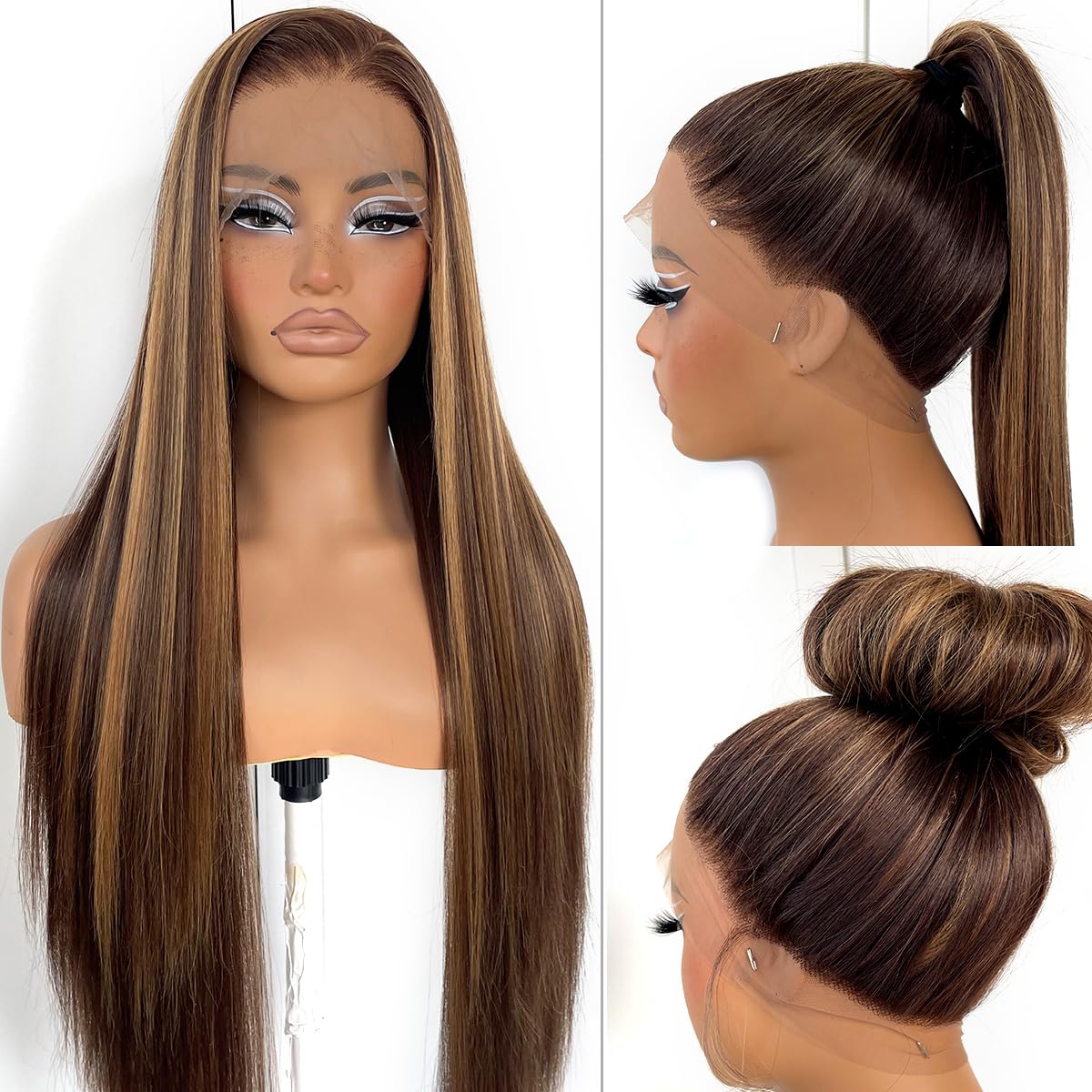 MITIMES 360 Honey Blonde Lace Front Wig Pre Plucked Glueless Highlight Straight Lace Front Wig 180 Density Long Straight Yaki Synthetic HD Lace Front Wig 32inch