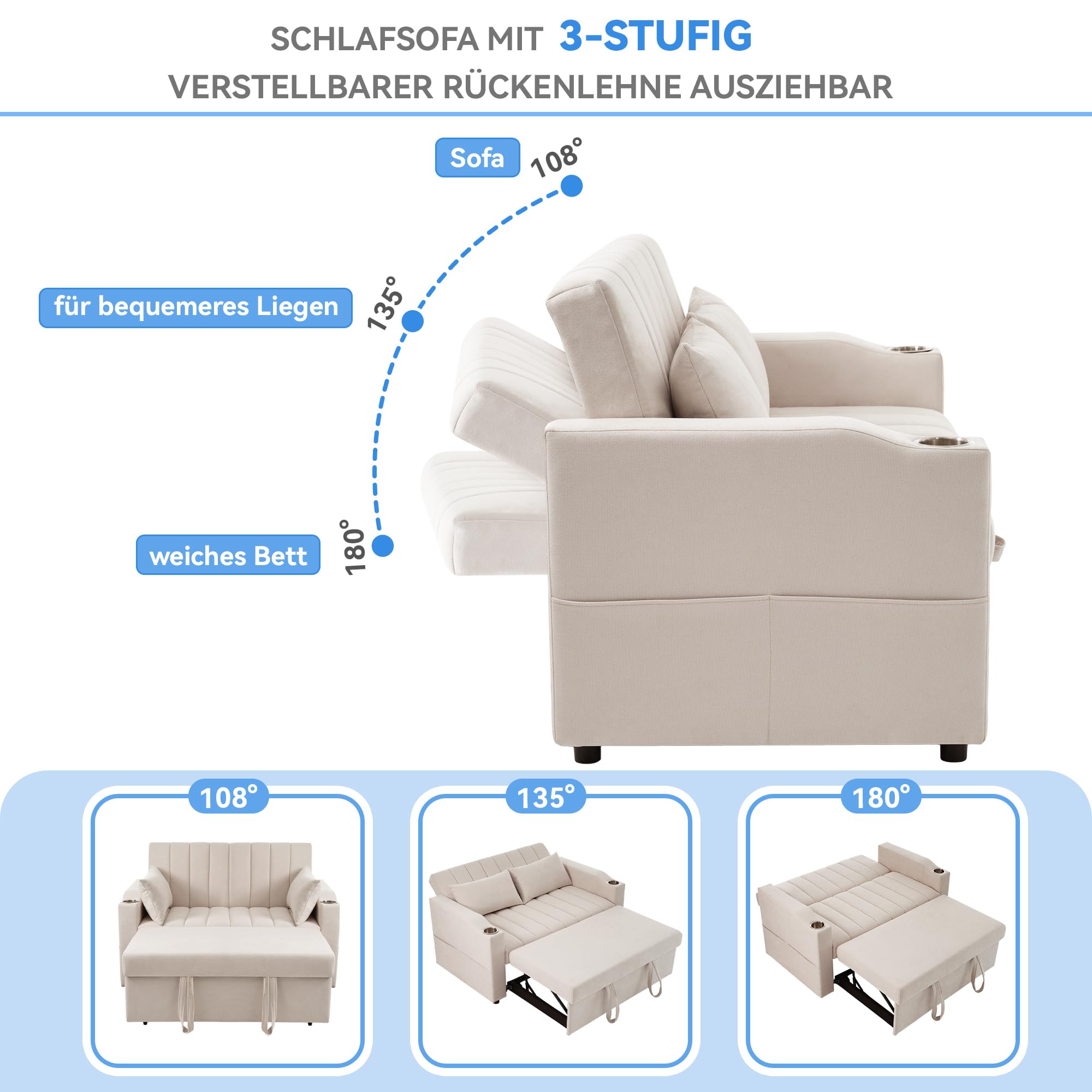 Generisch Modułowa sofa z funkcją spania z 3-stopniową regulacją, podwójne siedzisko z przyjaznej dla skóry tkaniny bawełnianej, regulowane oparcie do 180°, nośność 150 kg, 136 x 162 x 84 cm, do