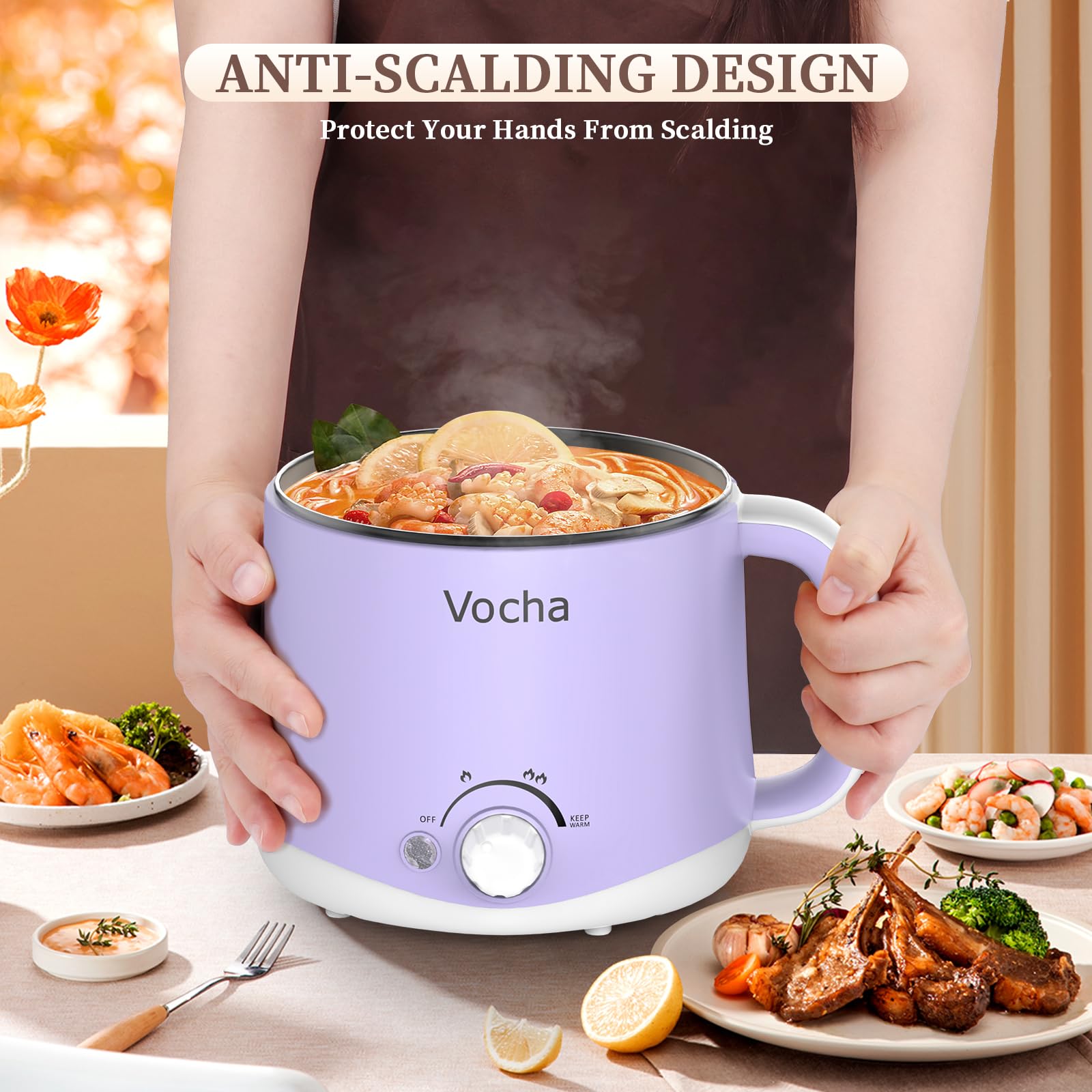 Vocha Pentola elettrica con funzione Keep Warm, padella elettrica antiaderente da 1,6 l, fornello da viaggio portatile, mini fornello multi-cottura per pasta tagliatelle, zuppe, uova sode(Viola)