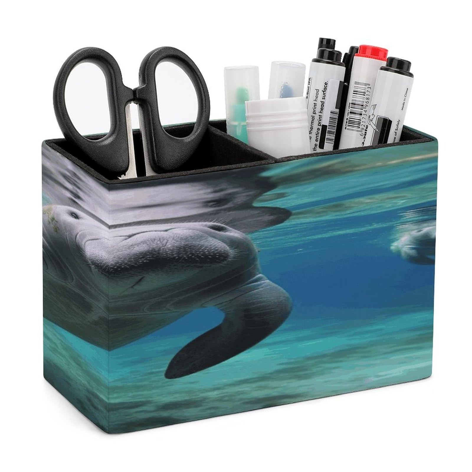 FodPand Ocean Animal Manatee Leather Pen Holder for Desk Organizers Caddy Pencil Holder Multi-function Pen Organizer Large Makeup Brush Holders Pencil Cup for Home Office Storage Box
