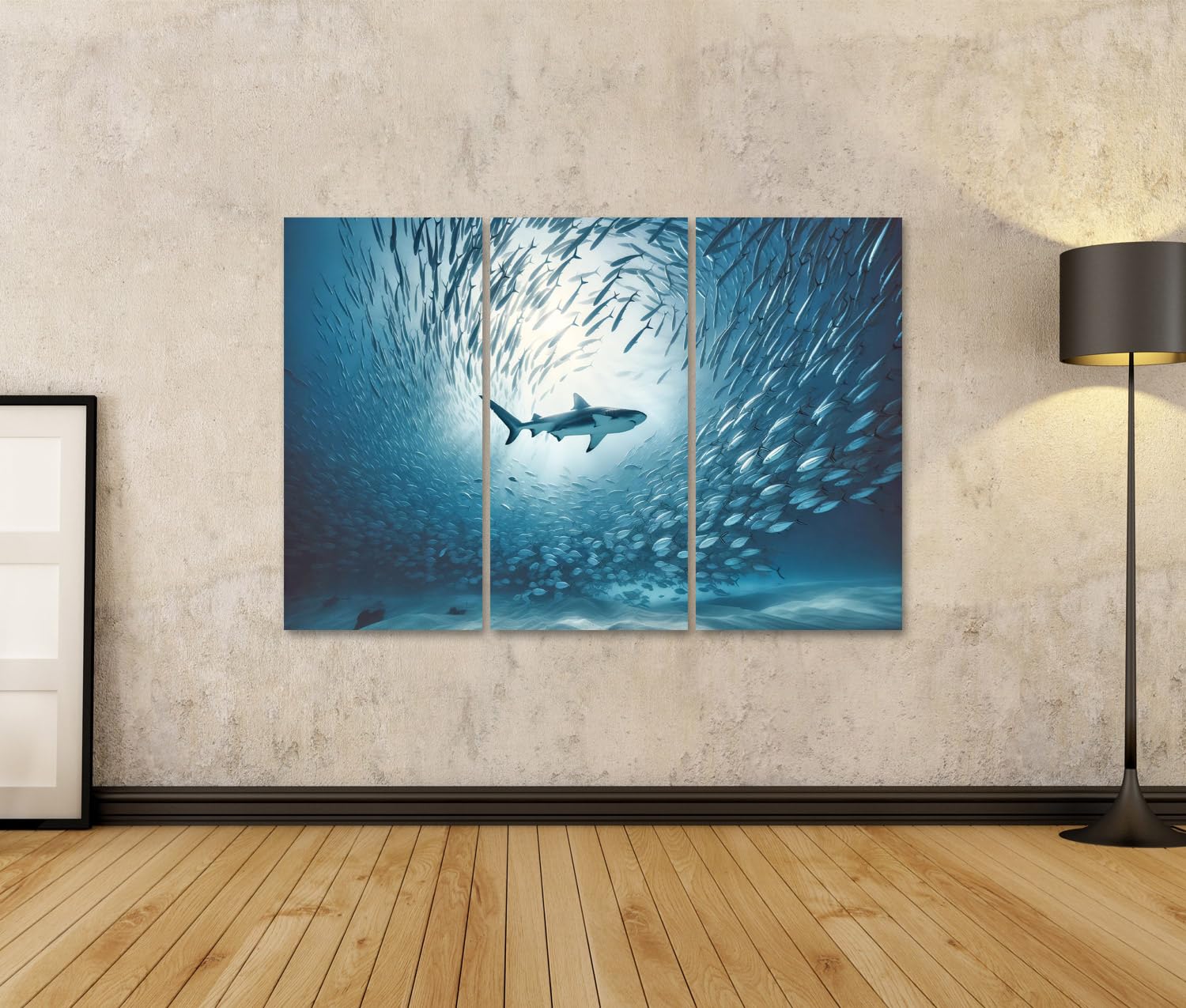 islandburner Cuadro sobre lienzo paz submarina tibia: tiburón envuelto por la luz de los peces cuadros mural póster