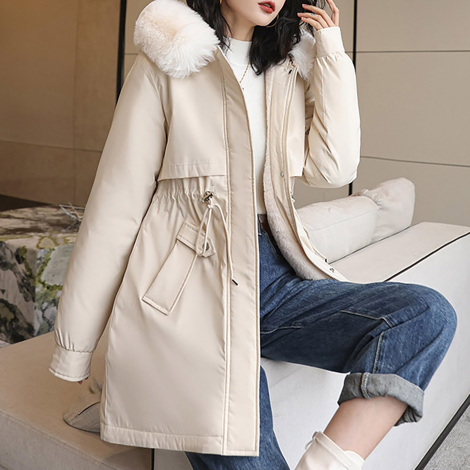 Saymany Winterjacke Damen Lang Warm Wintermantel mit Fellkapuze Winterparka Winddichte Parkajacke mit Kapuze Mode Outdoorjacke Slim fit Winterparka Mode Mantel Frauen Wintermantel Warme Winter Jacke
