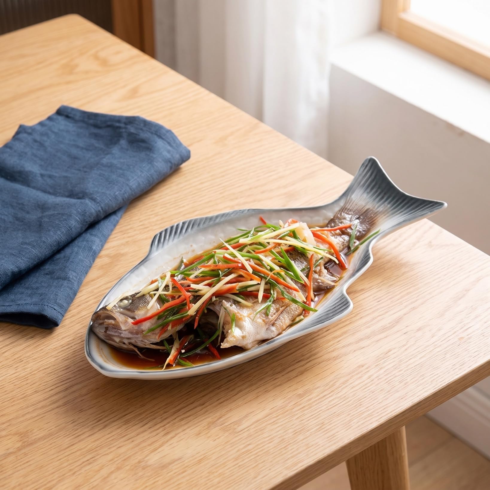 ULTECHNOVO Servierplatte Fisch 28cm, Fischplatte Porzellan für Ganzen Fisch wie Forelle, Fischteller Porzellan Groß für Abendessen, Servierteller Keramik Oval für Beilagen & Snack
