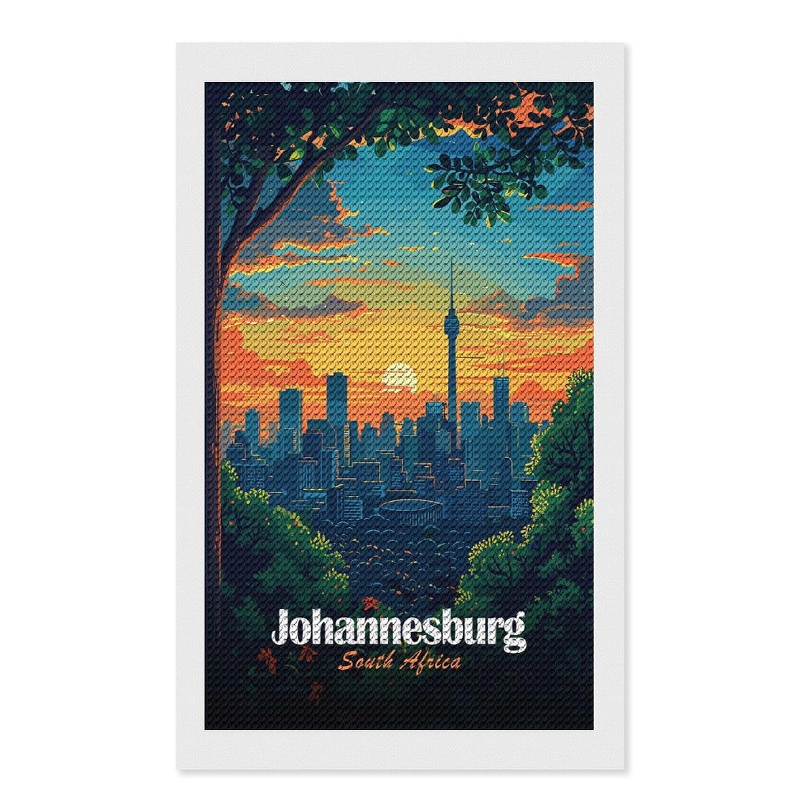 Junmoney Johannesburg South Africa Cityscape Illustration Diamond Art Canvas 12"x20", for Adults, Printed Canvas, Home Wall Decor, Gift Idea, Mindful Craft Activity