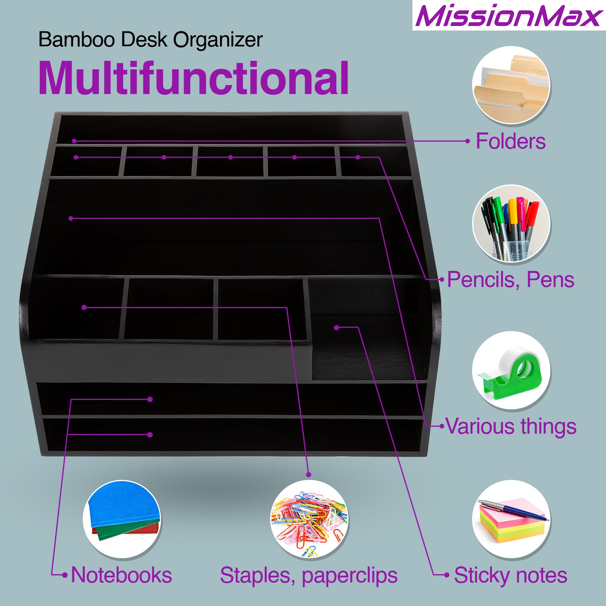 MissionMax Black Bamboo Wood Desk Organizer, Max Storage with Two File Trays, Vertical File, Pens, Pads and Other Bins to Hold Your Work Necessities