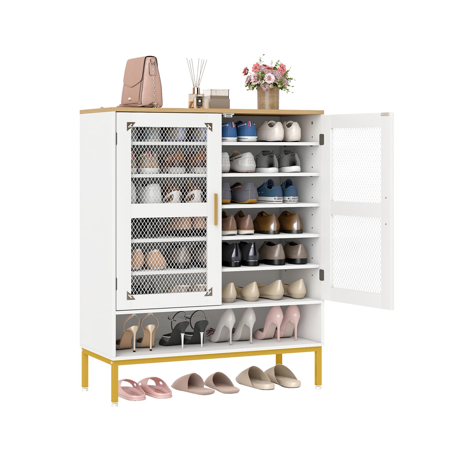 GOPLUS Meuble à Chaussures Entrée 28-30 Paires, Armoire à Chaussures Réglables 6 Niveaux avec Portes en Maille et Amovibles, Pieds en Métal,Entrée et Salon,80 x 37 x 106 cm (Blanc)