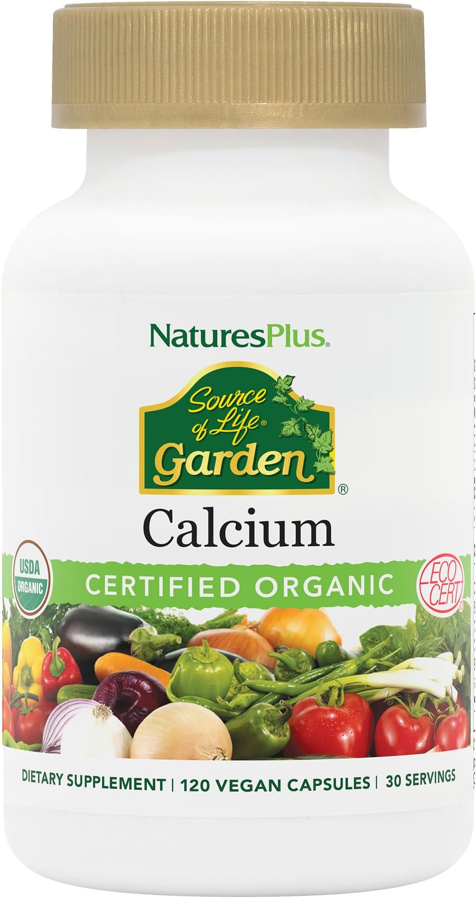 NaturesPlus Source of Life Garden Calcium - 120 Capsules - Calcium Supplement with Magnesium & 20 Whole-Food Extracts - USDA Certified Organic, Non-GMO, Vegan, Gluten Free - 30 Servings