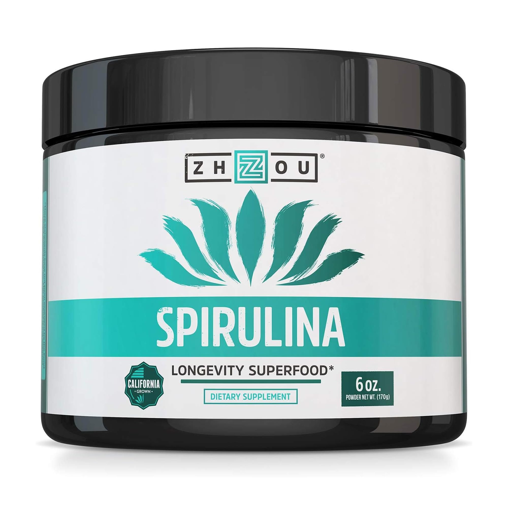 Zhou Spirulina Powder - Blue Green Spirulina Superfood for Women & Men with Vegan Protein, Chlorophyll & Phycocyanin for Smooth Energy & Longevity, Drink Mix for Smoothies - 6 oz Jar (48 Servings)