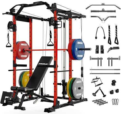 Miniatura 10 de Mikolo Jaula de Potencia, Rack de Potencia con Sistema de Cruce de Cables, 1500LBS Rack para Sentadillas con Sistema de Jalón LAT, Jaula