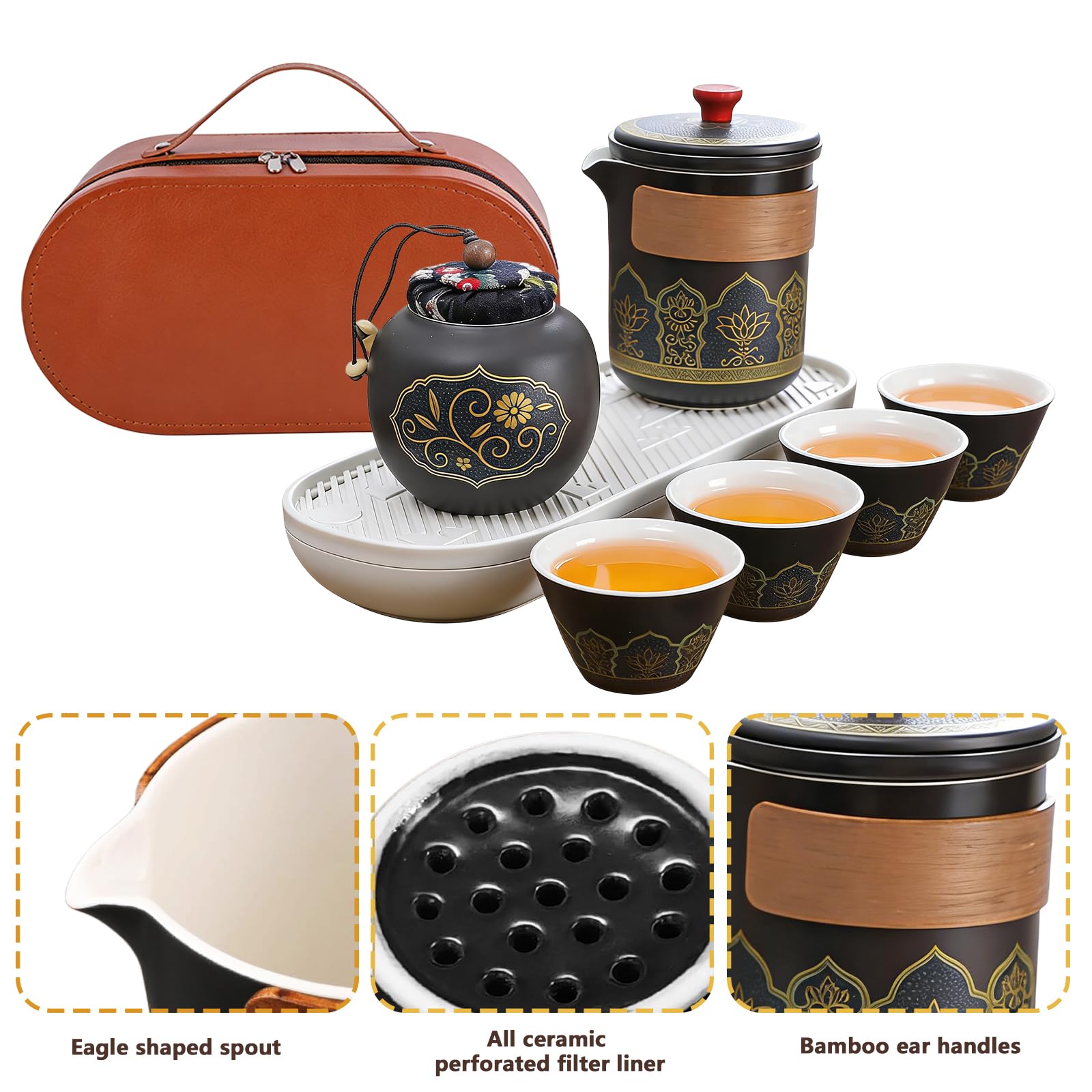 Japanisches Teeservice, Tragbares Chinesisches Teeset, Japanisches Kung Fu Tee Set Mit Reisetasche, 1 Teekanne (270ml) + 1 Teekanister (45g) + 4 Teetassen (40ml) Für Reise Und Zuhause