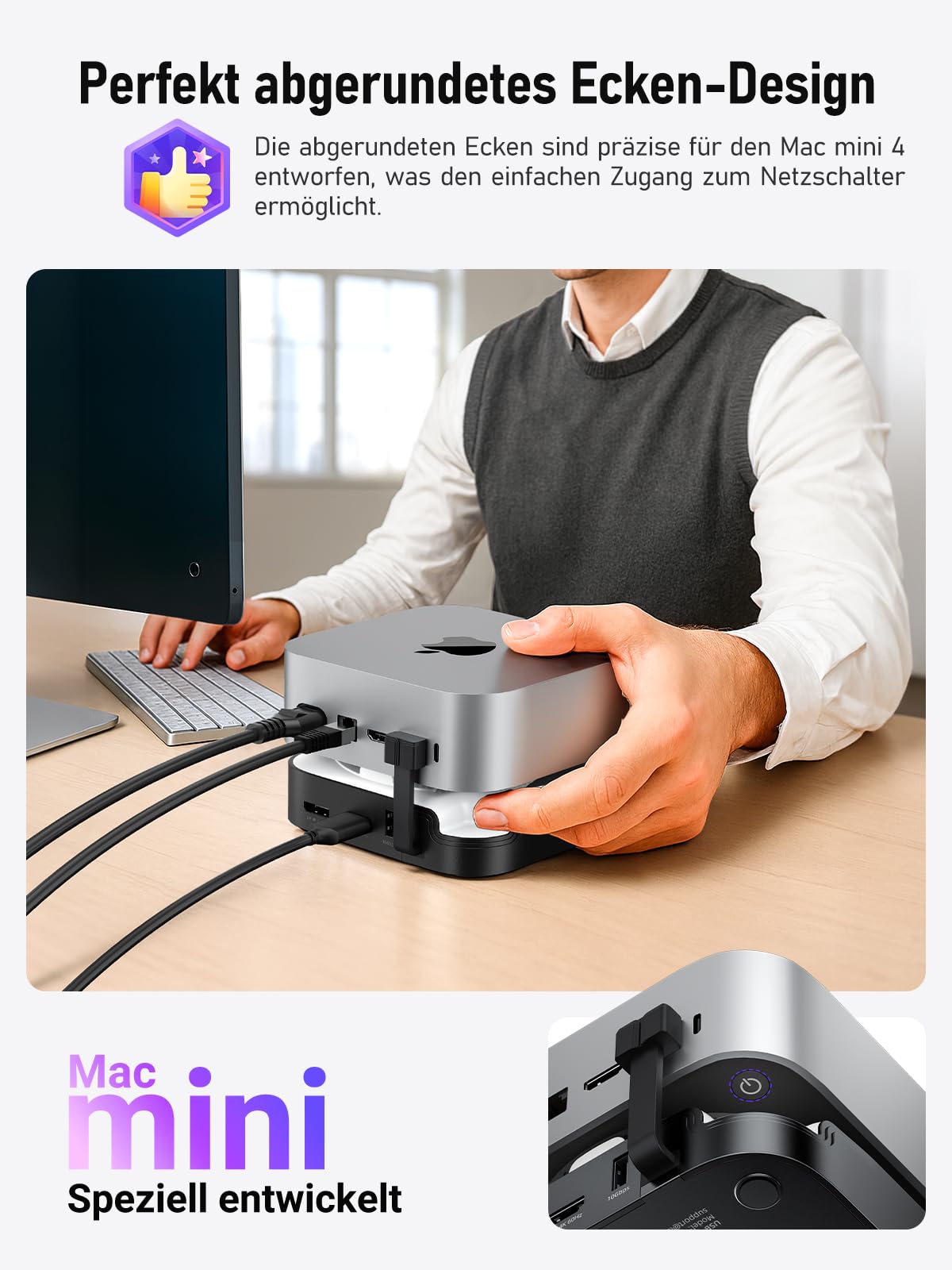 Lemorele Mac mini M4 Dock con DisplayPort 4K@60Hz per configurazioni a doppio monitor, 4 porte USB 3.2/3.0, slot SSD M.2 NVMe a 10Gbps, lettore di schede SD/TF con Mac mini M4/M4 Pro