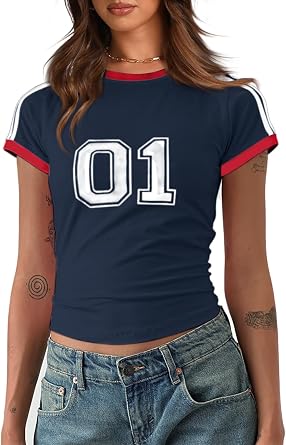 Imily Bela Womens Summer Crop Tops Y2k Baby Tees Cute Letter Print Short Sleeve Vintage T Shirt
