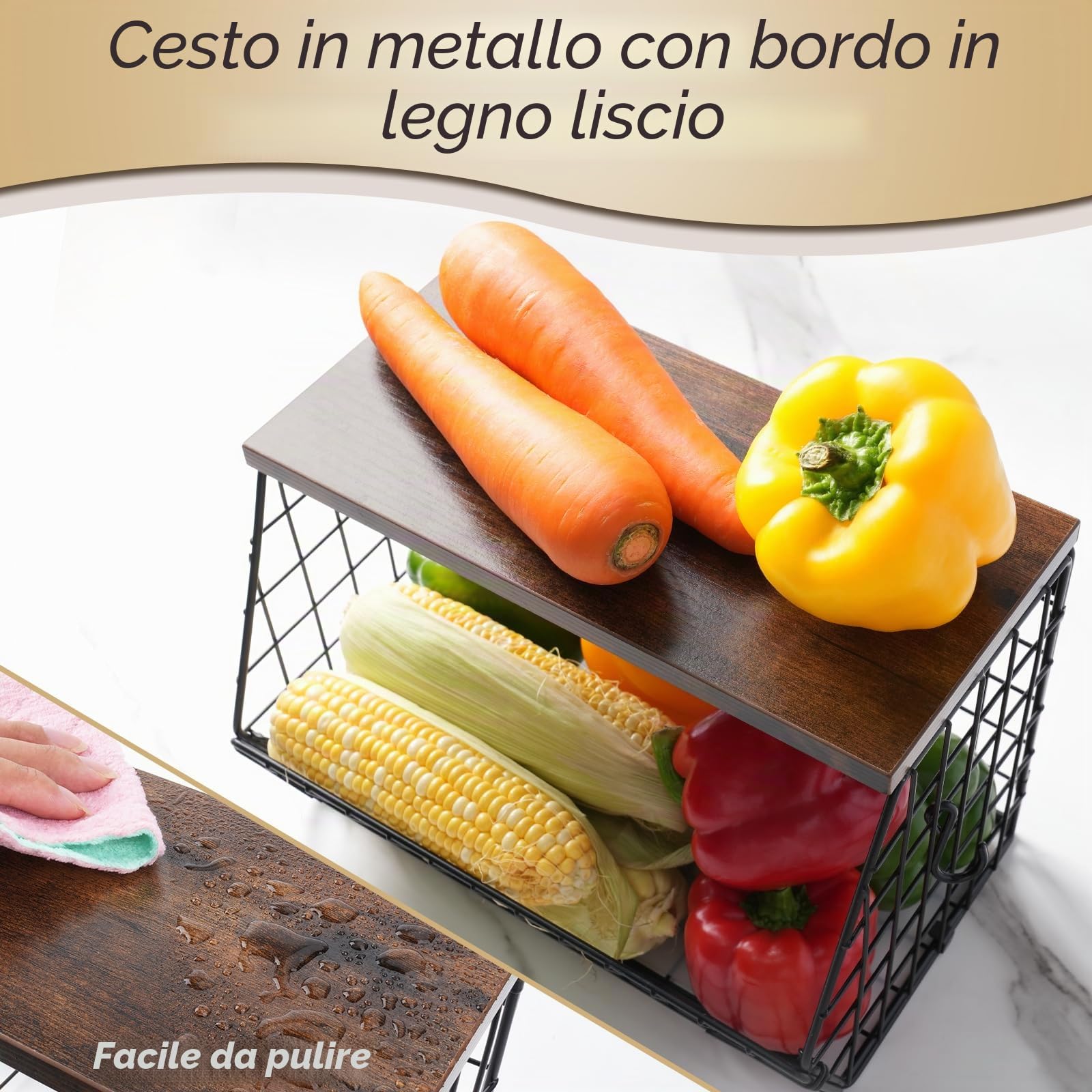 Mefirt Portafrutta 2 Livelli Cesto Frutta da Tavolo, 2 Pezzi Moderno con Coperchio in Legno, Impilabile e Montabile a Parete Cestino Frutta per Conservare Verdure Frutta Snack
