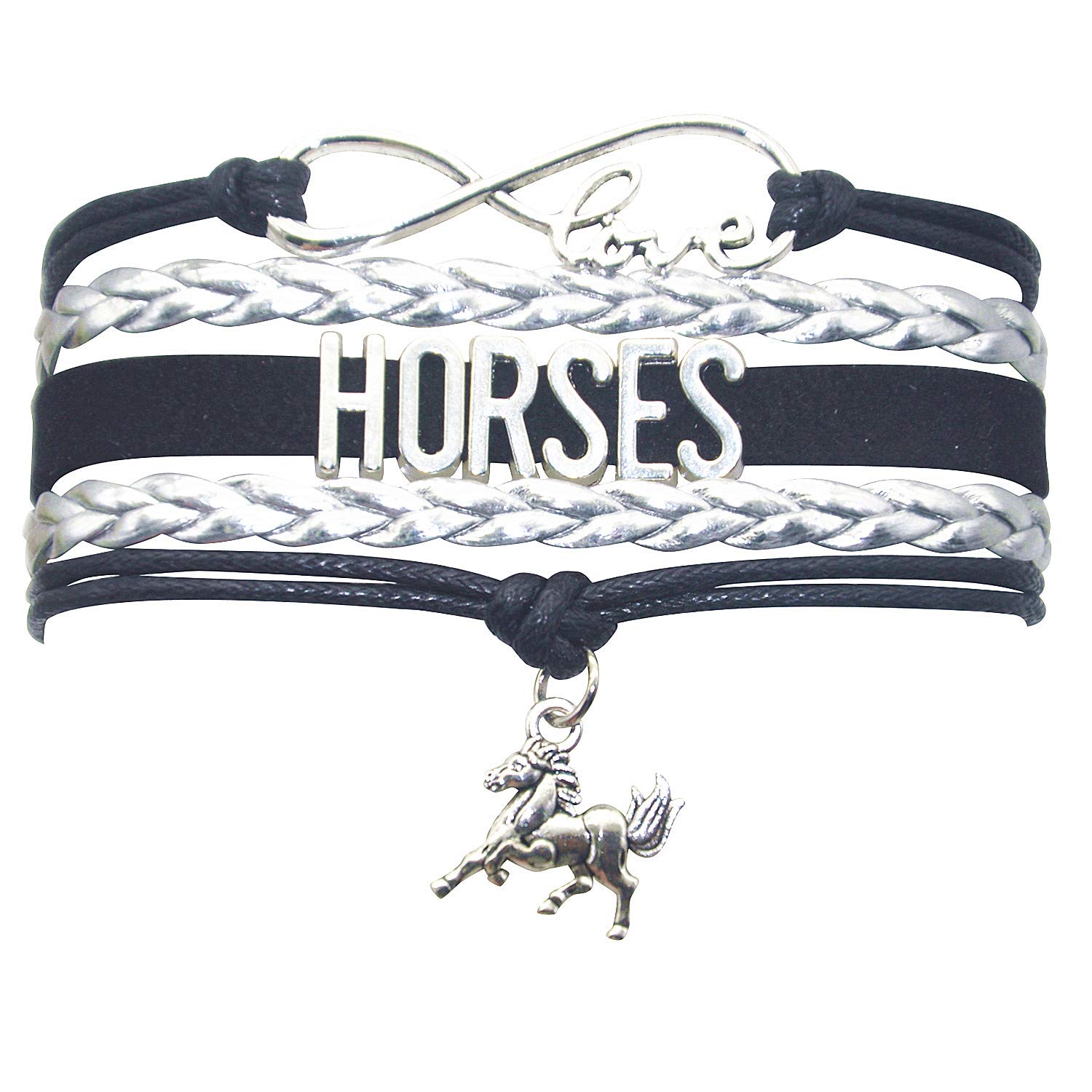 HHHbeauty Horse Jewelry Bracelet Infinity Love Wrap Bracelet For Women, Men, Riders, Horse Lovers, Horsemen (Black and Silver)