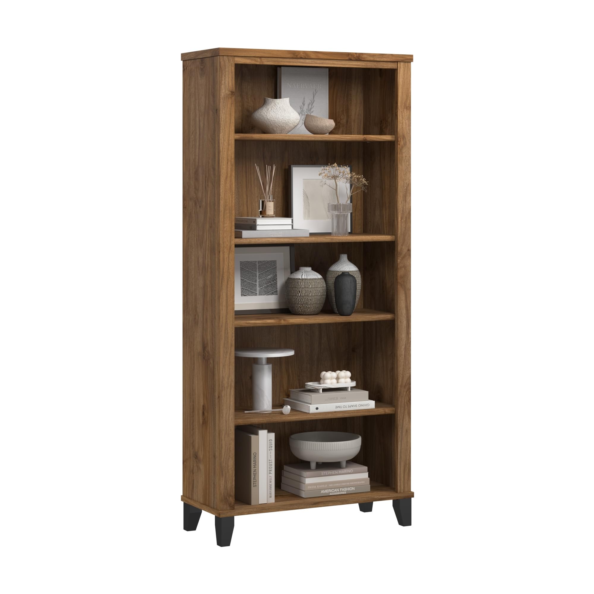 Somerset 5 Shelf Bookcase in Fresh Walnut, Tall Bookshelf, Large Book Shelf for Living Room, Home Office, or Entryway