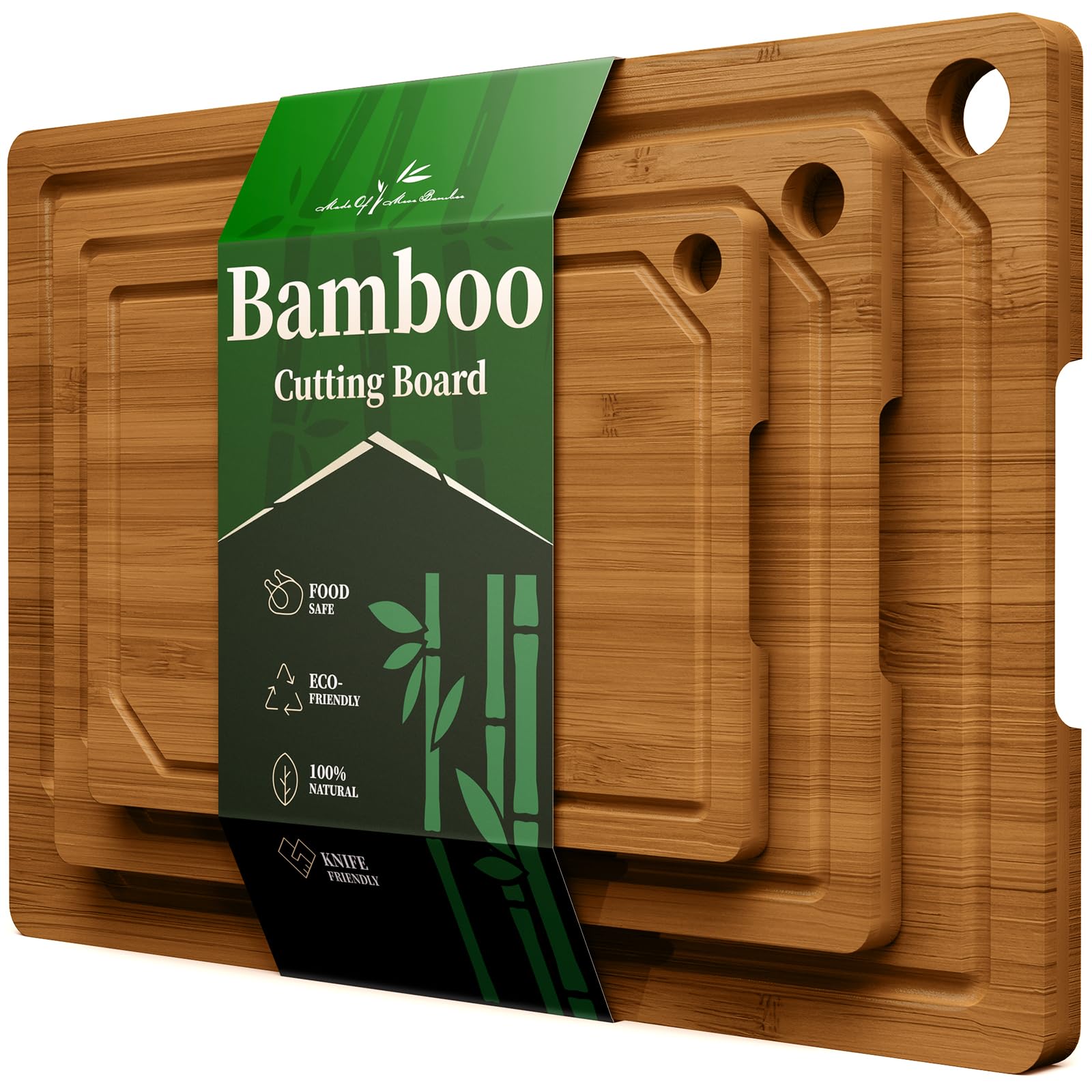Kitsure Cutting Board Set - Cross-Laminated Bamboo Cutting Boards for Kitchen with Juice Grooves and Built-in Handles, Ideal Kitchen Gadgets for Versatile Prep & Serving, 3-Piece, Brown