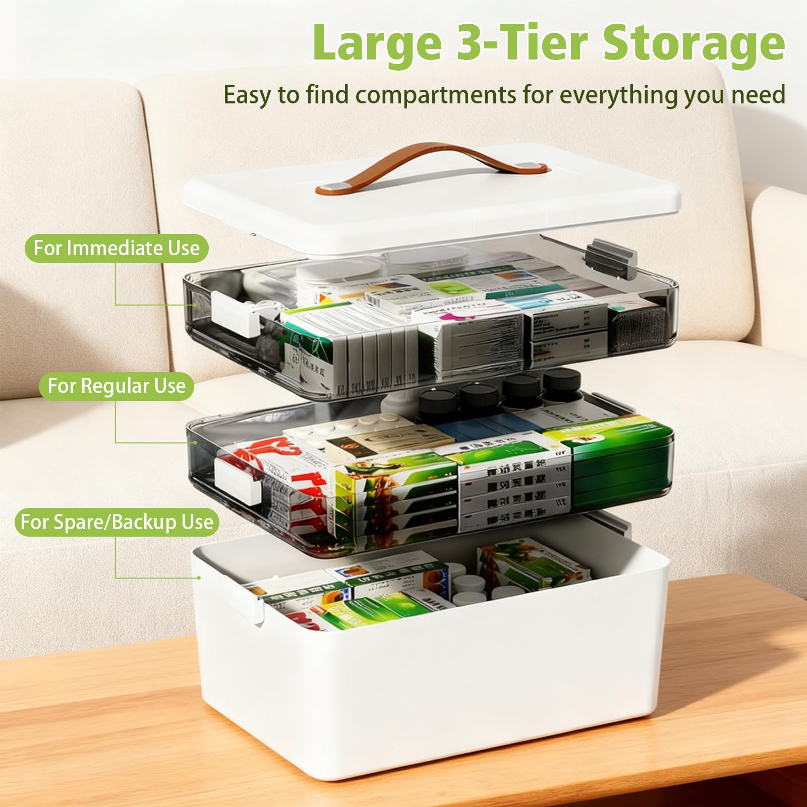 Caja de almacenamiento de medicamentos, organizador de medicamentos de 3 niveles con asa, caja de primeros auxilios portátil de gran capacidad para el hogar, la escuela, la oficina