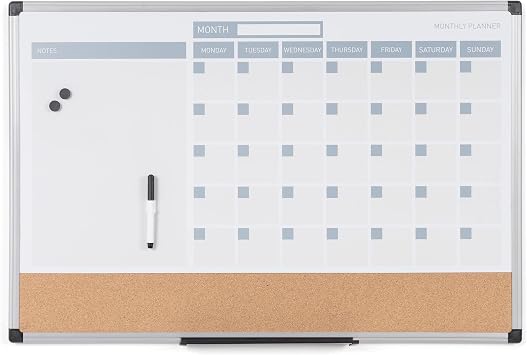 MasterVision Magnetic Dry Erase Monthly Calendar Planner Push Pin Corkboard Combo with Marker Tray, 18" x 24", Gray Plastic Frame