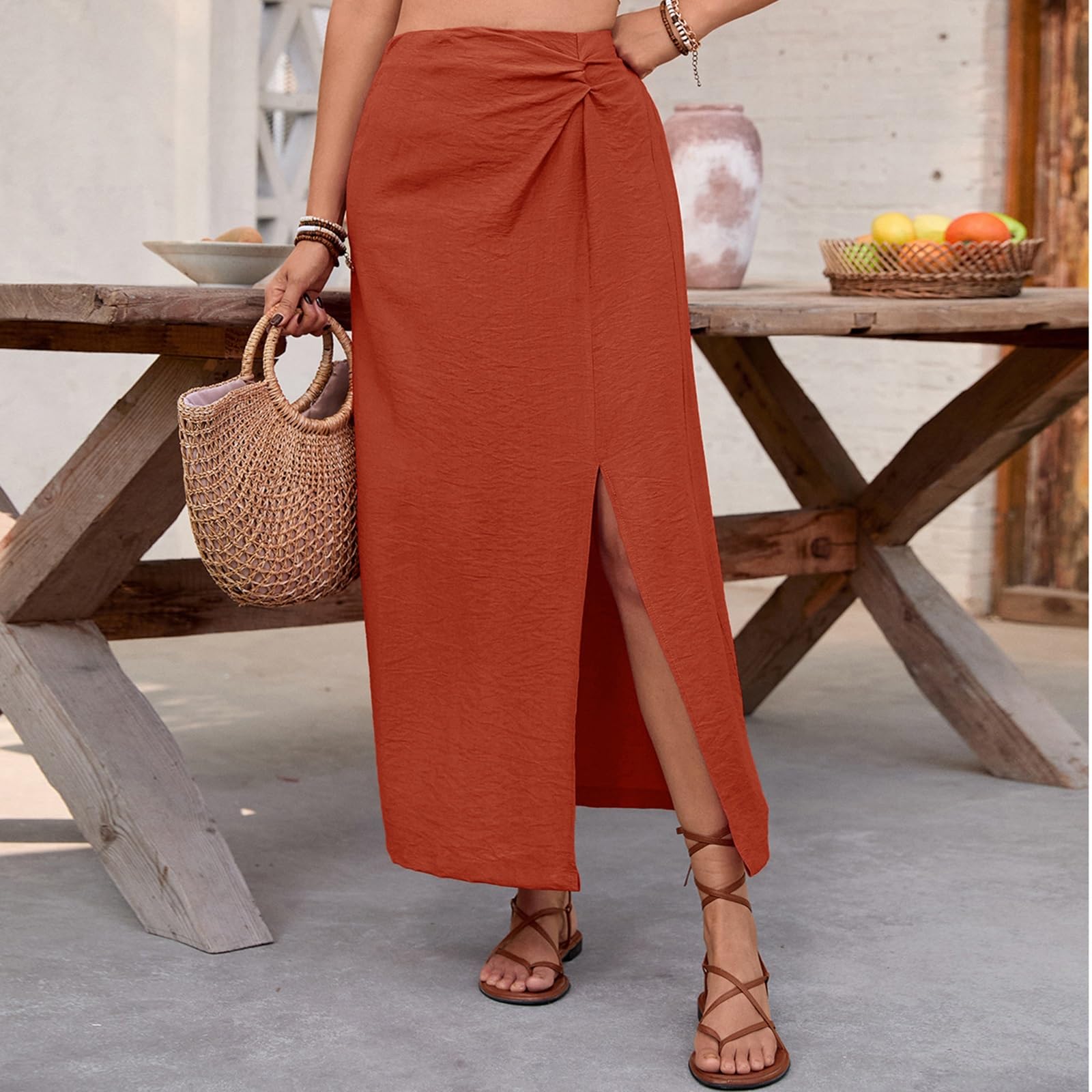 Gonna Midi da Donna Arricciature E Chiusura Incrociata | Gonna A Tubino, Casual Le Vacanze Estive Al Mare