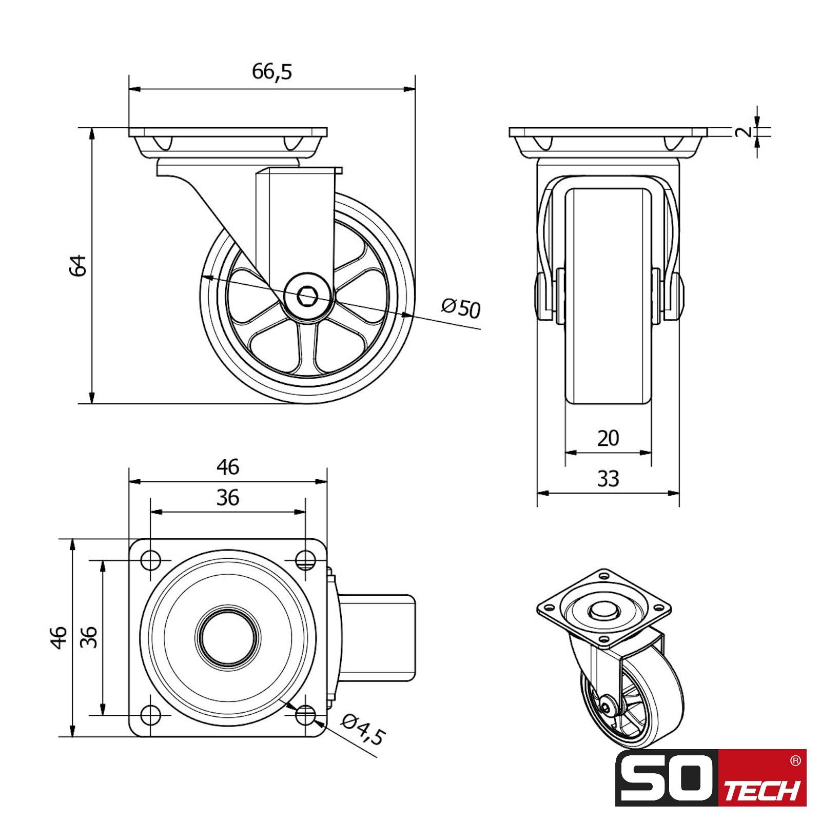 SOTECH Lot de 4 roulettes design pour meubles RAPID Roues Ø 50 mm noires, capacité de charge 35 Kg, hauteur 64 mm