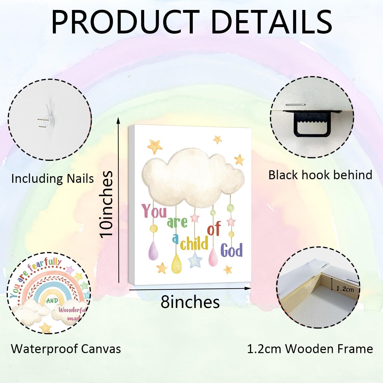 HPNIUB Framed Kids Bible Verse Canvas Wall Art,Inspirational Quotes Christian Nursery Wall Decor,Christian Gifts For Kids,Rainbow Sunshine Scripture Wall Art For Bedroom Sunday School(20x25cm) - Image 2