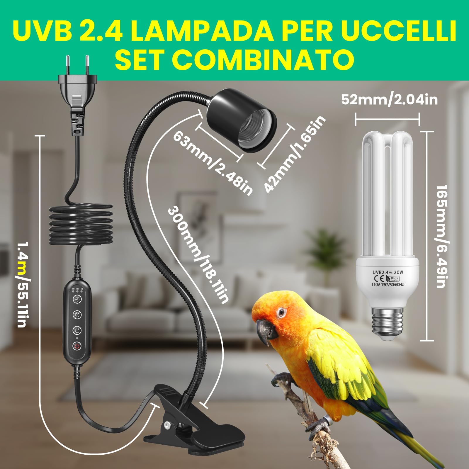 GlowUp Lampada per Uccelli Set Completo con Timer, Lampada a Morsetto con Lampadina UVB 2.4 E27 20W per Uccelli