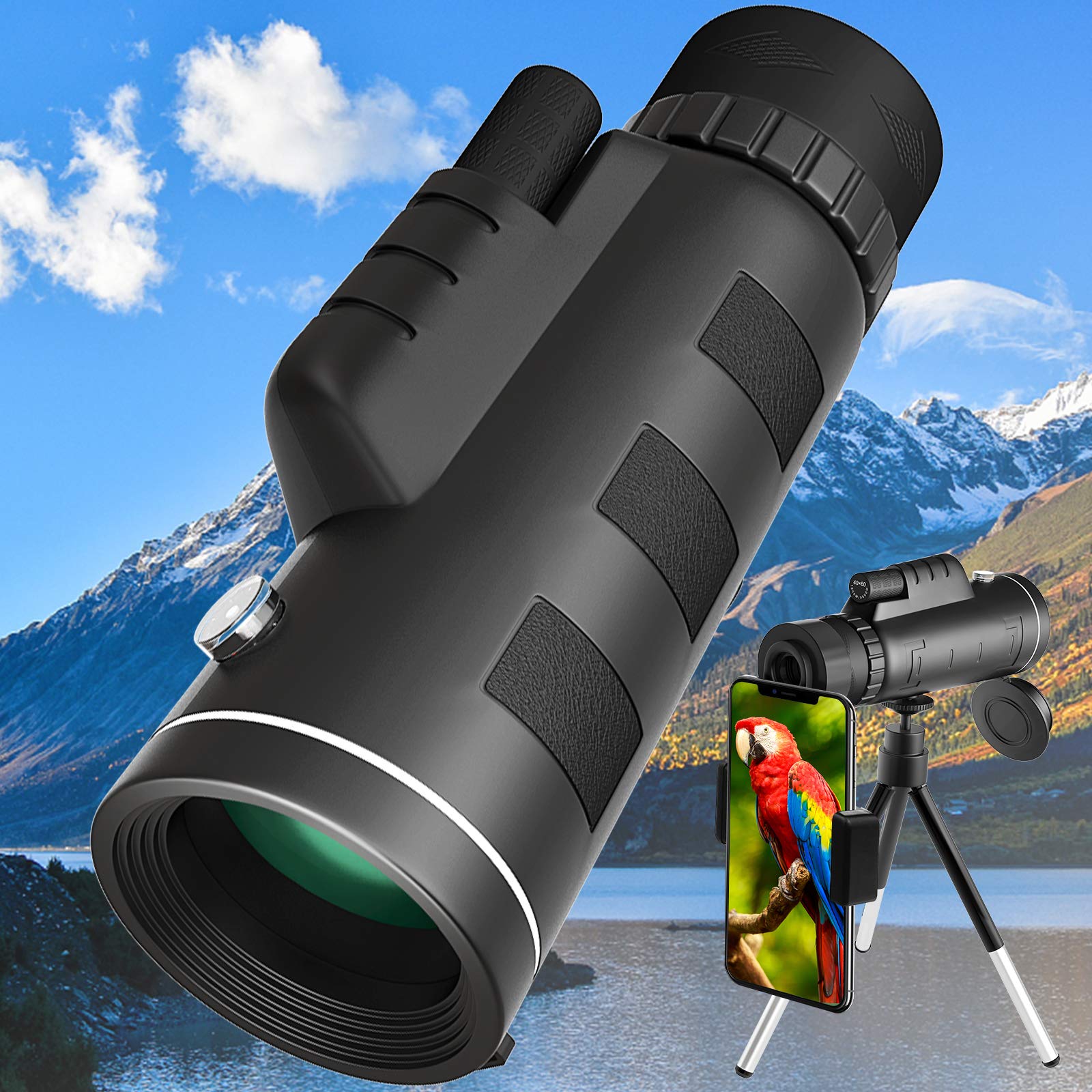 Monocular Telescope,40x60 Monocular with Smartphone Holder & Tripod Night Vision Zoom Telescope Monocular Scope for BirdWatch Hunt Camp Wildlife
