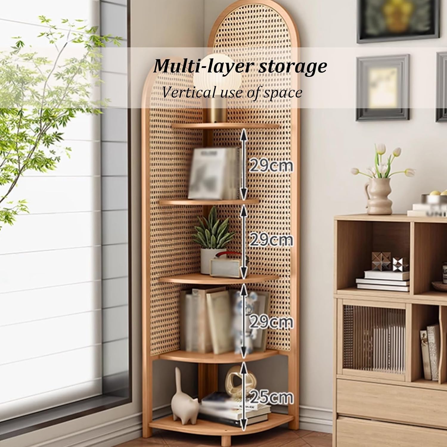 5-Tier Rattan Corner Shelf - Freestanding Display Stand for Living Room, Bedroom, Office - 90° Right Angle Organizer - Stylish Corner Storage Solution
