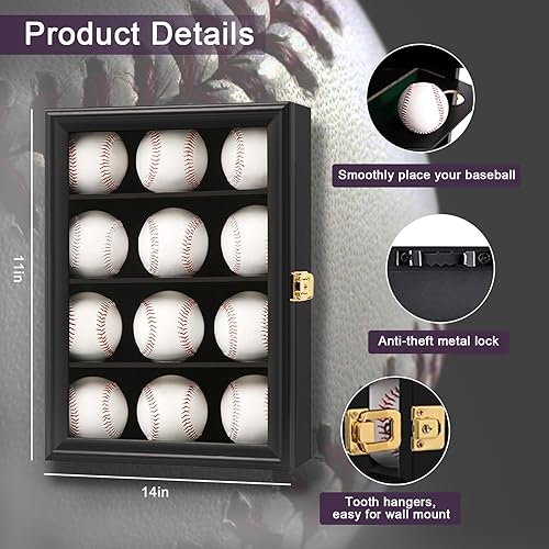 Miniatura 2 de Grintus 21 vitrinas de béisbol de madera para pelotas de exhibición de pelotas de montaje en pared, caja de sombra de béisbol con cerradura y