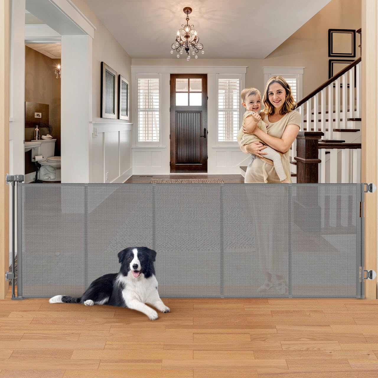 Punch Free Retractable Baby Gates Reinforced 96" Extra Wide Baby Gate No Drill with Reinforced Strips, Retractable Dog Gate No Drilling-Protects Walls, Retractable Gate Outdoor Pet Gate for Deck, Gray