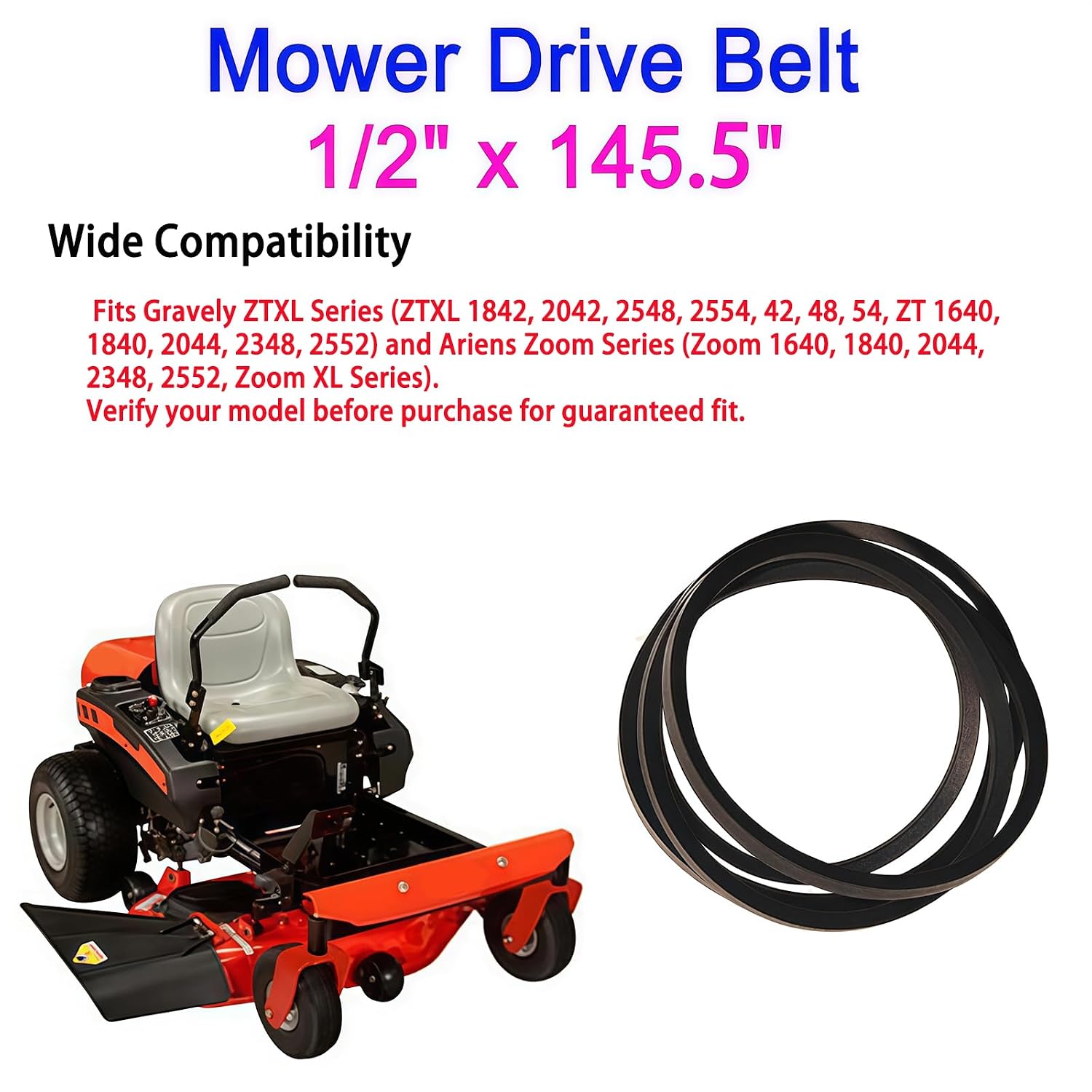 Mower Deck Belt 1/2" x 145.5" - Replacement for Gravely ZTXL 1842 2042 2548 2554 42 48 54 & Ariens Zoom 1640 1840 2044 2348 2552 XL Series, Replace Part #07200023