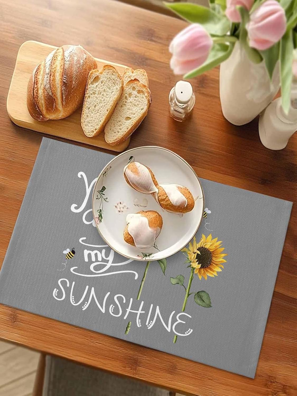 You Are My Sunshine Placemat for Dinning Table Sunflower Placemats Set of 4-Cotton Linen Waterproof Cloth Table Mat-Easy Clean Place Mat,Machine Washable Fabric,Rustic Farmhouse Holiday Dinner Decor