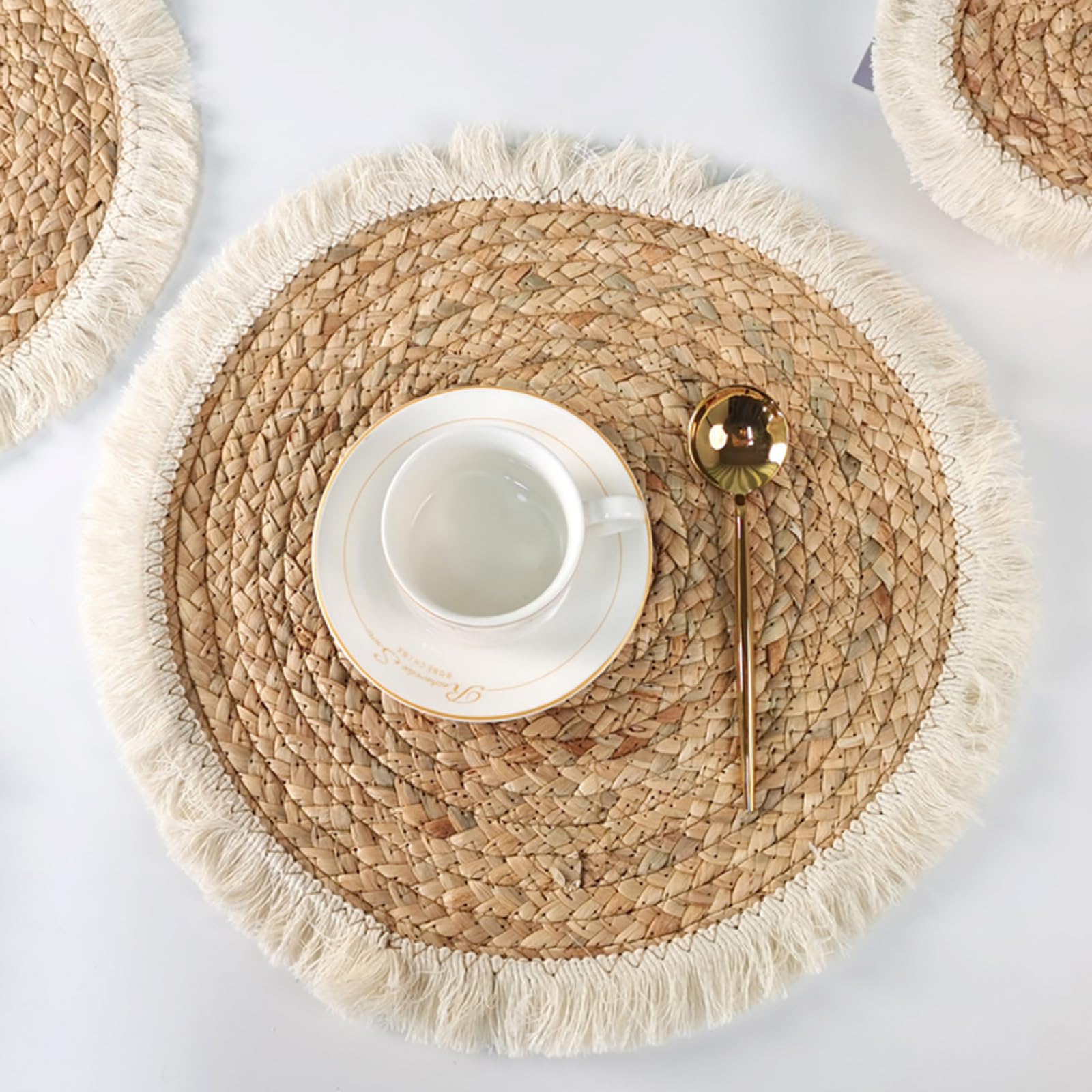 Décoration de Table, Sets de Table, Tapis de Cuisine/Salle à Manger Rond en Herbe Naturelle tressée avec Pompons, Style Ferme, idéal pour Le café ou Le thé.