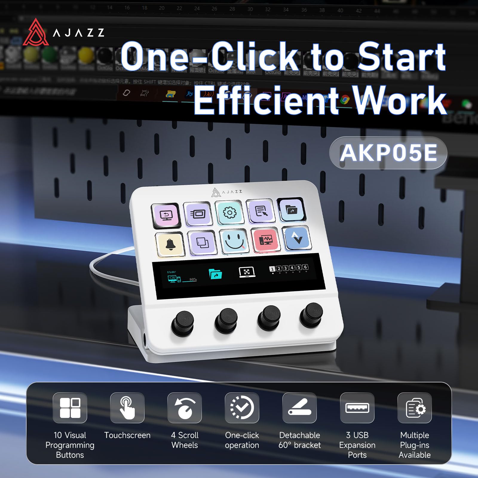 AJAZZ AKP05E - Teclado macro con cable, teclado de acceso directo para juegos con 10 teclas programables y 4 perillas, pantalla táctil personalizable, para YouTube, configuración de oficina de