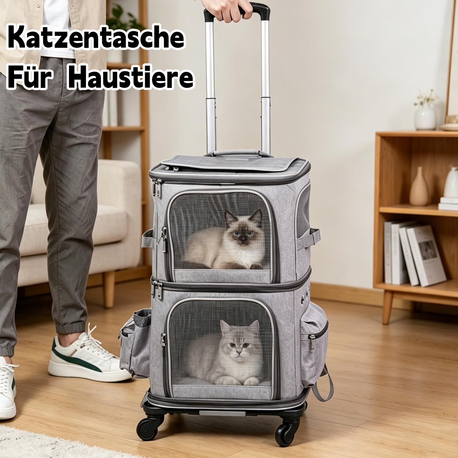 Katzenrucksack Große Katzen, Transportbox Katze für 2 Katzen bis 12kg, Katzentransportbox mit Abnehmbare Rollen, Hunderucksack für Wandern, Reisen, Grau