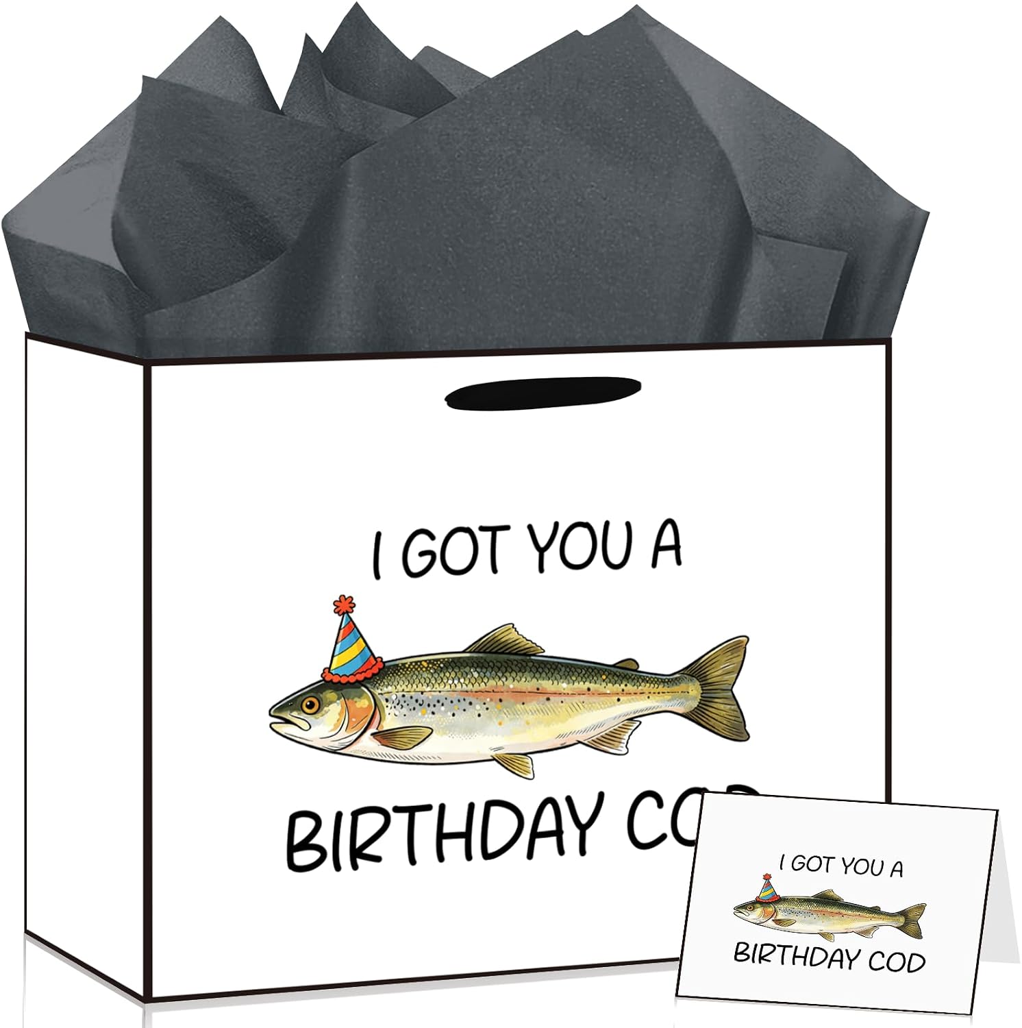 JoyframeAI Funny Fishing Birthday Gift Bag with Wrapping Tissue Paper and Greeting Card, I Got You a Birthday Cod Fish Theme Gift Wrap for Men Dad Husband, Fisherman Joke Party Supplies