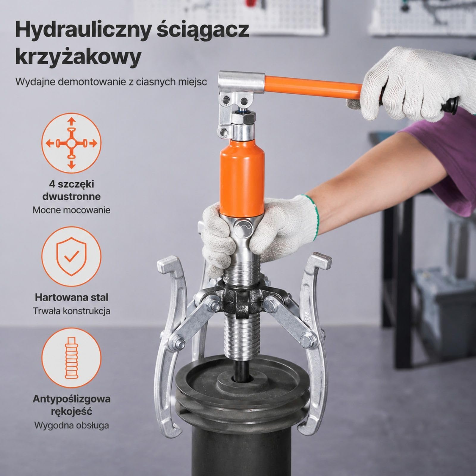 Hydrauliczny ściągacz do łożysk i kół zębatych, układ dwu- lub trójramienny, do pracy wewnętrznej i zewnętrznej, z walizką