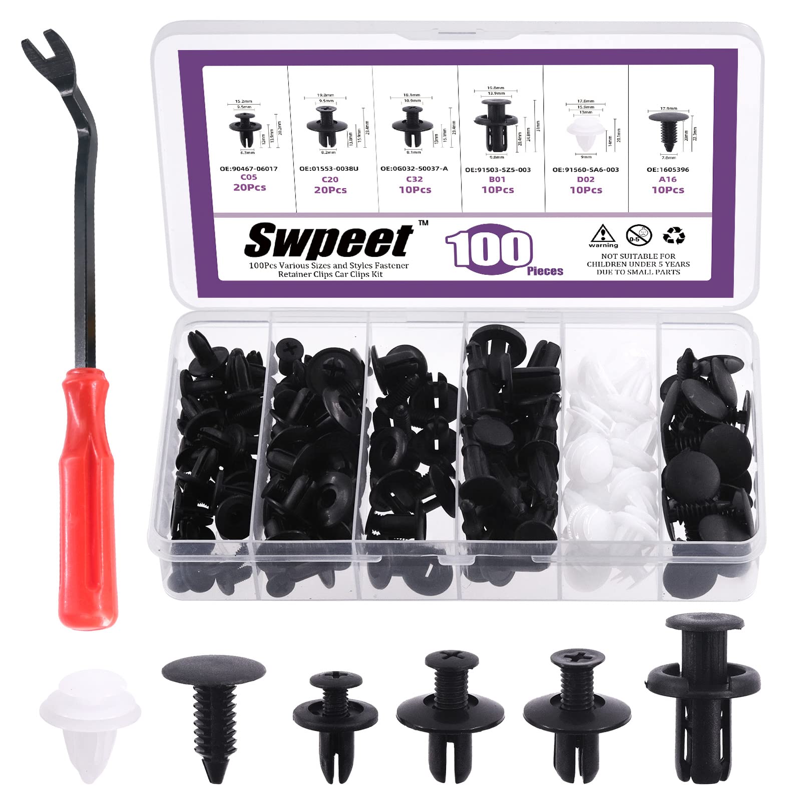 Swpeet 100Pcs Car Retainer Clips and Panel Removal Tools with Fastener Removal Tool Assortment Kit, Most Popular Sizes Plastic Fasteners Kit Auto Push Pin Rivets Set Compatible with Toyota, GM