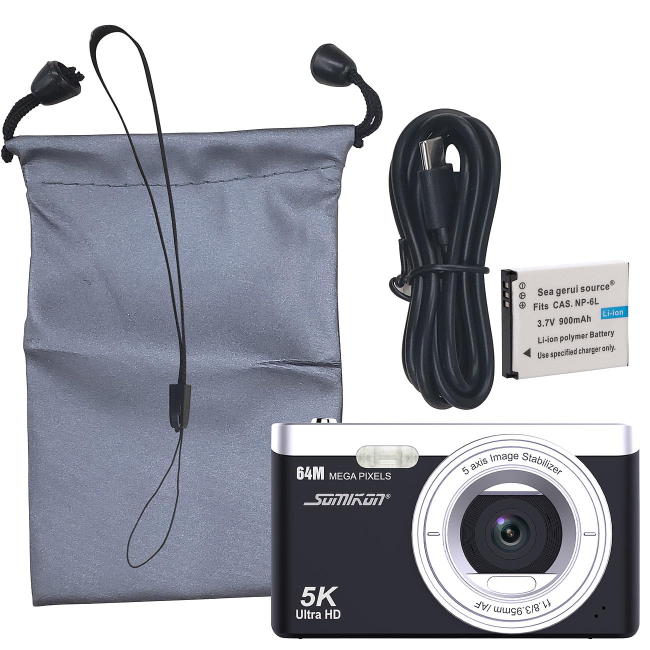 Somikon Fotocamera Digitale Compatta ZX8903 64 MP 5K Autofocus Zoom Digitale 16x