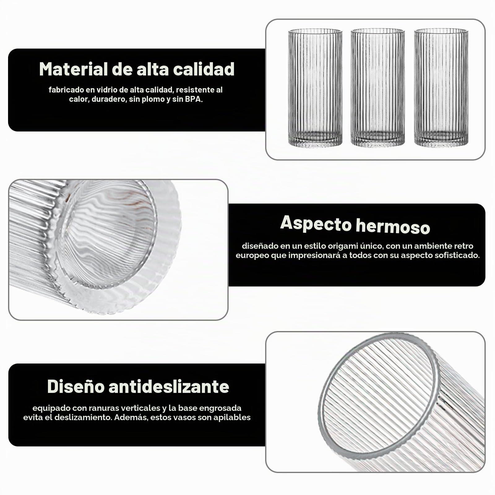 Juego de 4 vasos largos de 360 ml de copa de café, vasos de cristal transparente, vidrio de alta gama, tazas de café para té, leche, whisky, zumo, mojito